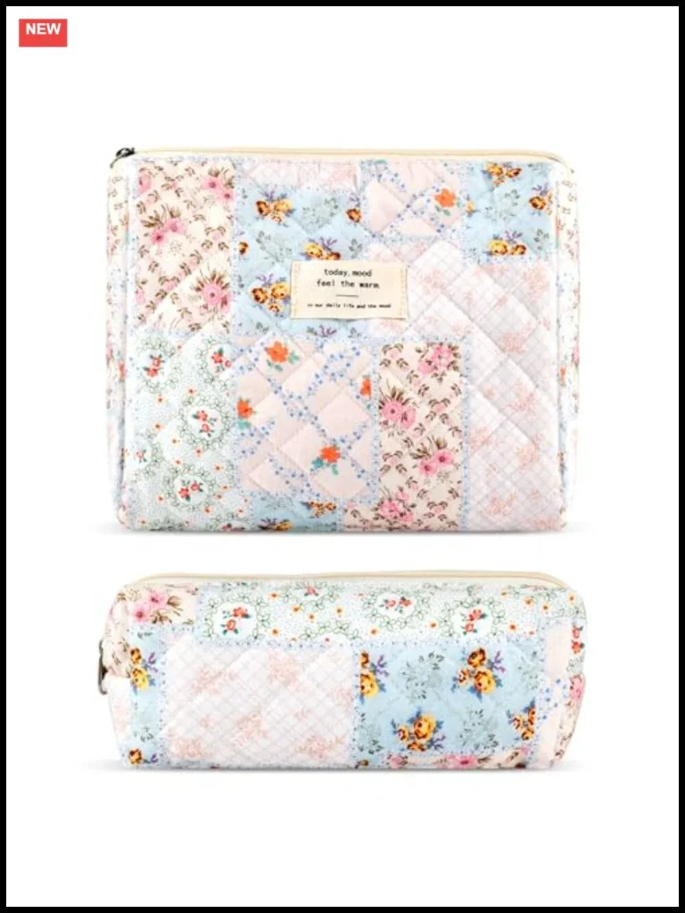 Quilted Cotton Makeup Bag Set - Floral Pouch Travel Organizer & Brush Holder